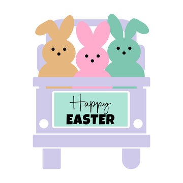 Bunnies on a holiday car in pastel colors. Easter celebration vector illustration. Stock vector illustration isolated on white background. Greeting card templates.
