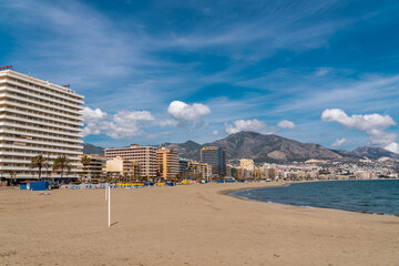 Panoramic view of Fuengirola city. View of promenade area of the city, Los Boliches Beach and San...