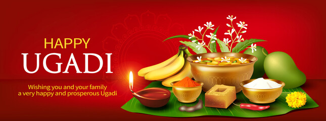 Greeting banner with traditional food pachadi with all flavors for Indian New Year festival Ugadi (Gudi Padwa). Vector illustration.