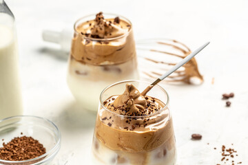 dalgona coffee, Recipe popular Korean drink latte with foam of instant coffee, banner, menu, recipe place for text