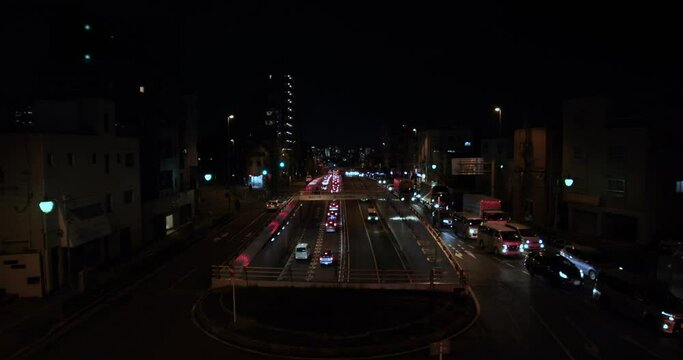 A night traffic jam at the city street in Tokyo wide shot