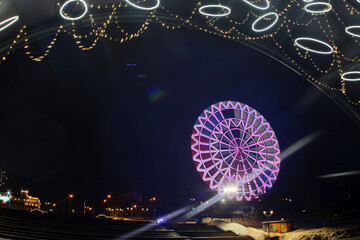 view over observation wheel at night