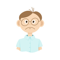 Drawing of a cartoon man in glasses with emotions on his face. Doodle style