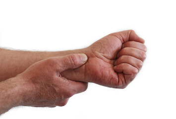 Man holding the wrist with pain isolated on white , Dorsal wrist syndrome pain in distal...