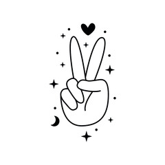 Peace sign with two fingers moon phase and hearts