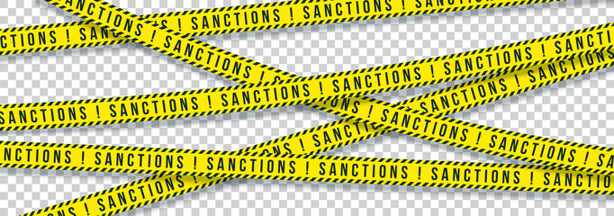 Yellow ribbons economic, financial, political sanctions imposed on transparent background. International sanctions embargo isolated on transparent background warning banner. Crossed Yellow ribbons ban - obrazy, fototapety, plakaty