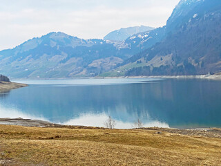 Cloudy day during late winter on the Wägitalersee (Waegitalersee or Wagitalersee) Lake in the Wägital (Waegital or Wagital) valley, Innerthal - Canton of Schwyz, Switzerland (Kanton Schwyz, Schweiz)