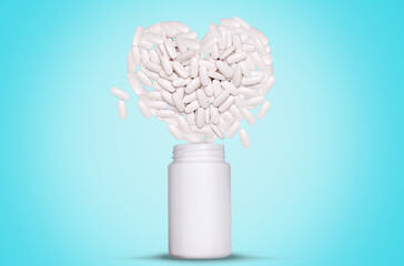 Advertising vitamins and dietary supplements. A white jar with scattered pills in the form of a...