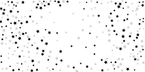Silver star confetti. Falling stars on a white background. Illustration of flying shining stars. Decorative element.