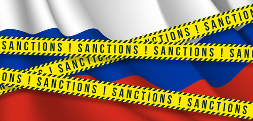 Yellow ribbons of economic, financial sanctions imposed on Russia flag background. Anti Russian international sanctions embargo against Russia invasion of Ukraine crisis banner. Ban of crossed flag