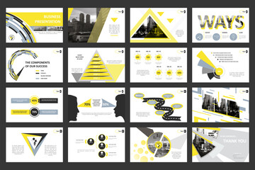 Modern geometric presentation template. Creative set of abstract infographic elements. Brochure. Grey Yellow White. Vector illustration. Use for Design Project, Banner, Slide, Webinar, Flyer, SEO. A4