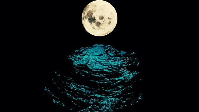 3d moon reflected on water in dark. Design. Full moon is reflected in ribbed water. Dark waves of sea reflect moonlight at night