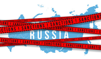 Yellow ribbons economic, financial sanctions imposed on Russia map background. Anti Russian international sanctions embargo against Russia invasion of Ukraine crisis banner. Crossed ban map territory