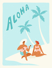 Young couple sitting on the beach by palm trees. Vector illustration of a boy playing ukulele to a girl by the sea. Summer vacation concept in trendy retro style.