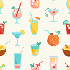 Seamless pattern with tropical cocktails. Vector illustration of summer vacation drinks in trendy retro style. Swatch is included.