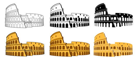 Set of Colosseum in Rome, Italy vector. Colosseum hand drawn illustration. Symbol of Ancient Rome, gladiator fights. Vector illustration. - obrazy, fototapety, plakaty