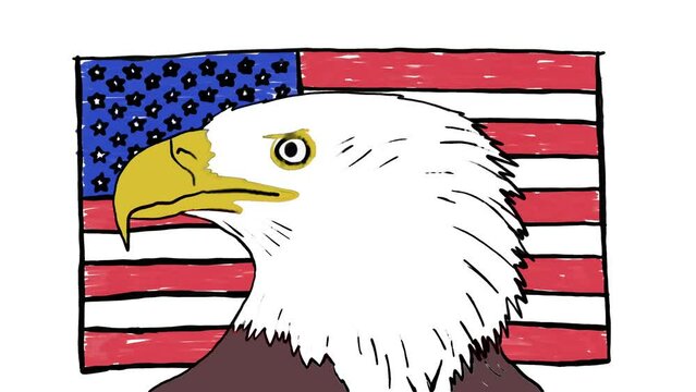 Bald Eagle in Front of American Flag Hand Drawn Animation Loop