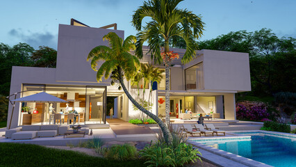 Luxury modern  villa with pool at dusk