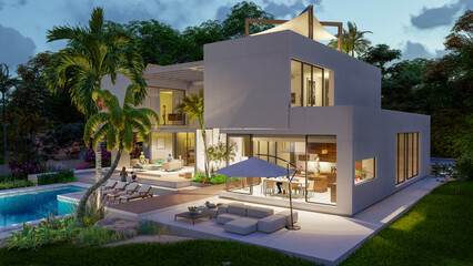 Eco luxury modern villa with pool at dusk