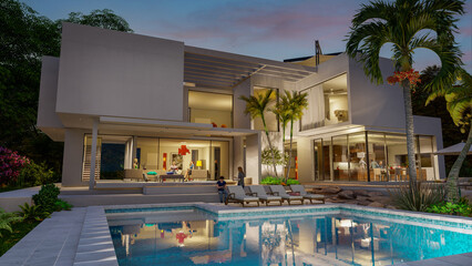 Luxury modern  villa with pool at dusk