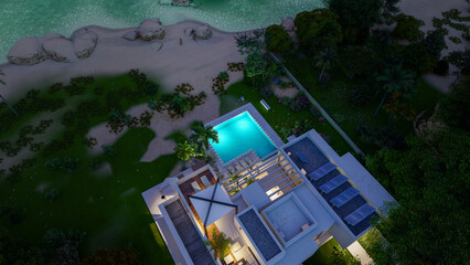 Sustainable luxury modern seaside  villa with pool at dusk