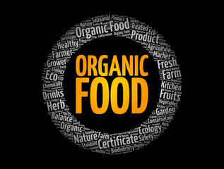 Organic Food - grown without the use of synthetic chemicals, word cloud concept background