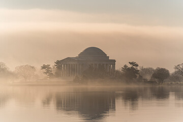 In the morning, around Thomas Jefferson Memorial, in Washington 
DC, the sun was rising and giving warmth. It was a foggy day and the atmosphere was even better.