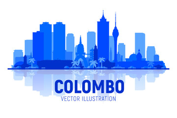 Colombo (Sri Lanka) skyline silhouette with panorama in white background. Vector Illustration. Business travel and tourism concept with modern buildings. Image for presentation, banner or web site. - obrazy, fototapety, plakaty