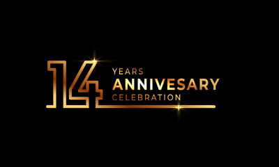 14 Year Anniversary Celebration Logotype with Golden Colored Font Numbers Made of One Connected Line for Celebration Event, Wedding, Greeting card, and Invitation Isolated on Dark Background