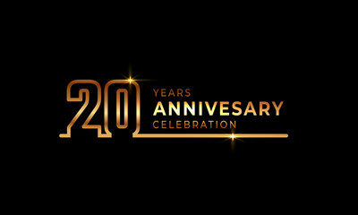 20 Year Anniversary Celebration Logotype with Golden Colored Font Numbers Made of One Connected Line for Celebration Event, Wedding, Greeting card, and Invitation Isolated on Dark Background