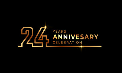24 Year Anniversary Celebration Logotype with Golden Colored Font Numbers Made of One Connected Line for Celebration Event, Wedding, Greeting card, and Invitation Isolated on Dark Background