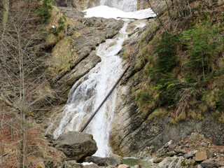 Waterfall at Schrähbach (Schraehbach) or Schrähbachfall (Schraehbachfall) waterfall near alpine Lake Wägitalersee (Waegitalersee), Innerthal - Canton of Schwyz, Switzerland (Schweiz)