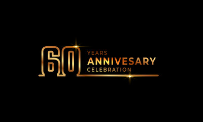 60 Year Anniversary Celebration Logotype with Golden Colored Font Numbers Made of One Connected Line for Celebration Event, Wedding, Greeting card, and Invitation Isolated on Dark Background