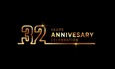 32 Year Anniversary Celebration Logotype with Golden Colored Font Numbers Made of One Connected Line for Celebration Event, Wedding, Greeting card, and Invitation Isolated on Dark Background