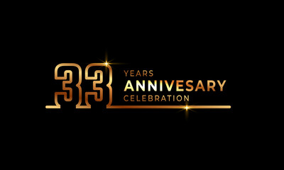 33 Year Anniversary Celebration Logotype with Golden Colored Font Numbers Made of One Connected Line for Celebration Event, Wedding, Greeting card, and Invitation Isolated on Dark Background
