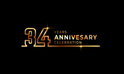 34 Year Anniversary Celebration Logotype with Golden Colored Font Numbers Made of One Connected Line for Celebration Event, Wedding, Greeting card, and Invitation Isolated on Dark Background