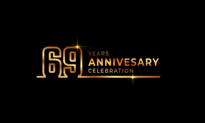 69 Year Anniversary Celebration Logotype with Golden Colored Font Numbers Made of One Connected Line for Celebration Event, Wedding, Greeting card, and Invitation Isolated on Dark Background