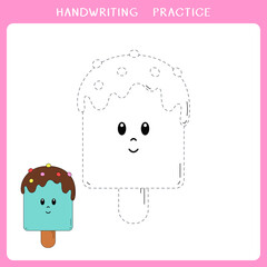 Handwriting practice sheet. Simple educational game for kids. Vector illustration of cute ice cream for coloring book