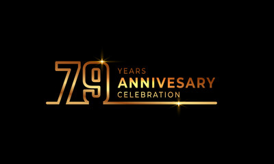 79 Year Anniversary Celebration Logotype with Golden Colored Font Numbers Made of One Connected Line for Celebration Event, Wedding, Greeting card, and Invitation Isolated on Dark Background - obrazy, fototapety, plakaty