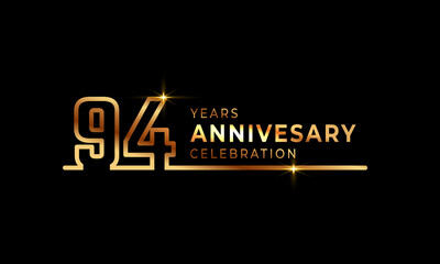 94 Year Anniversary Celebration Logotype with Golden Colored Font Numbers Made of One Connected Line for Celebration Event, Wedding, Greeting card, and Invitation Isolated on Dark Background