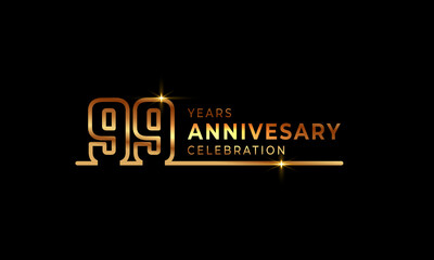 99 Year Anniversary Celebration Logotype with Golden Colored Font Numbers Made of One Connected Line for Celebration Event, Wedding, Greeting card, and Invitation Isolated on Dark Background