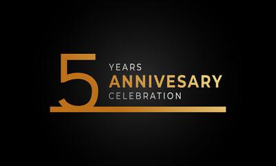 5 Year Anniversary Celebration Logotype with Single Line Golden and Silver Color for Celebration Event, Wedding, Greeting card, and Invitation Isolated on Black Background