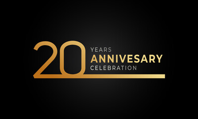20 Year Anniversary Celebration Logotype with Single Line Golden and Silver Color for Celebration Event, Wedding, Greeting card, and Invitation Isolated on Black Background