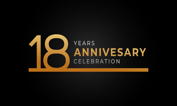 18 Year Anniversary Celebration Logotype with Single Line Golden and Silver Color for Celebration Event, Wedding, Greeting card, and Invitation Isolated on Black Background