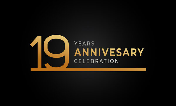 19 Year Anniversary Celebration Logotype with Single Line Golden and Silver Color for Celebration Event, Wedding, Greeting card, and Invitation Isolated on Black Background