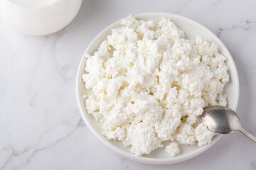 Bowl with fresh cottage cheese on white table