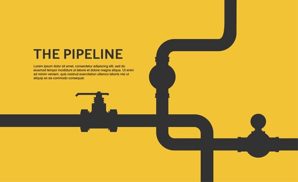 Web banner template. Industrial background with yellow pipeline. Oil, water or gas pipeline with fittings and valves. Vector illustration