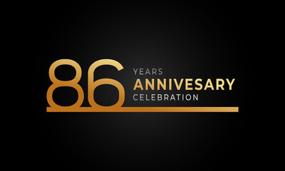 86 Year Anniversary Celebration Logotype with Single Line Golden and Silver Color for Celebration Event, Wedding, Greeting card, and Invitation Isolated on Black Background