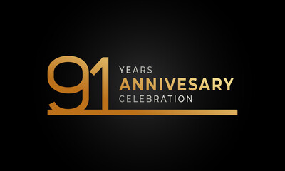 91 Year Anniversary Celebration Logotype with Single Line Golden and Silver Color for Celebration Event, Wedding, Greeting card, and Invitation Isolated on Black Background