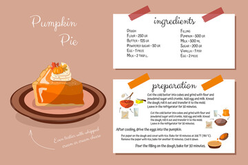 Pumpkin pie recipe. Step-by-step cooking with ingredients, home cookbook. Cooking is simple. Thanksgiving Day - obrazy, fototapety, plakaty